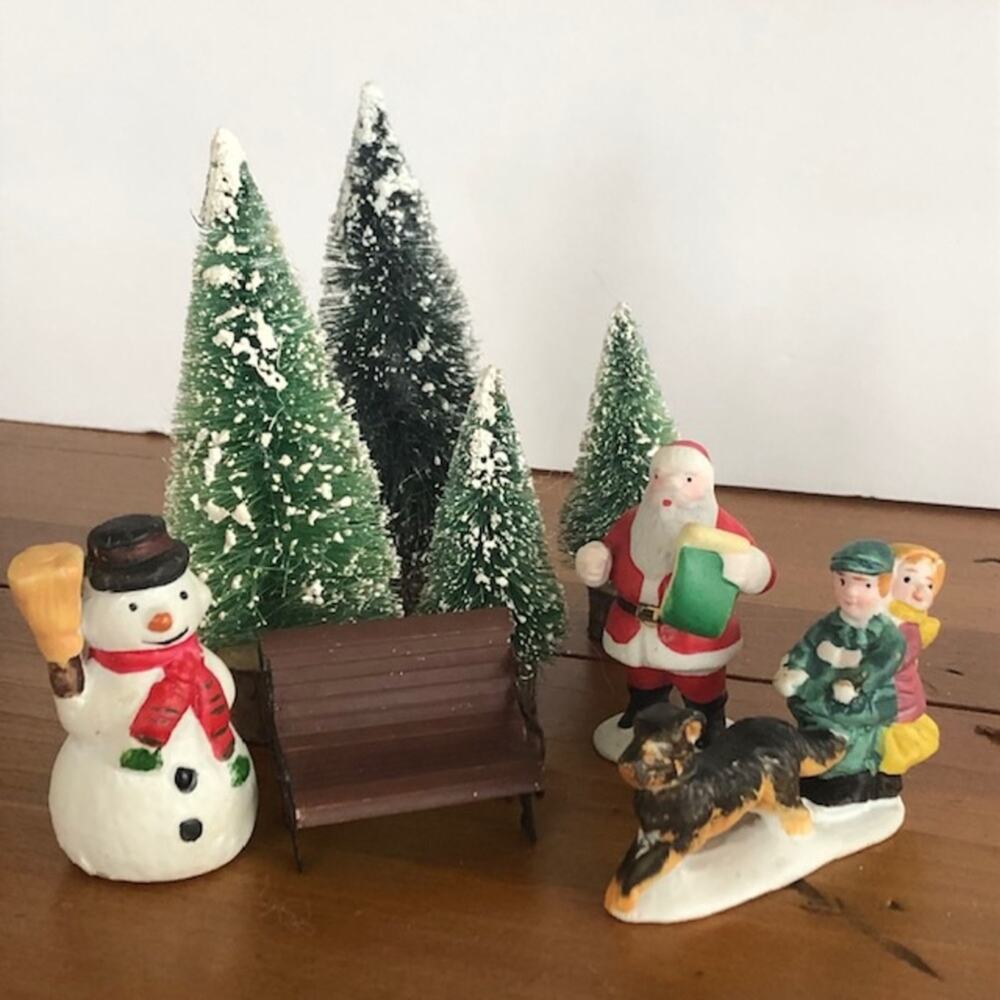 Vintage Lemax Christmas Village Figurines, Bottle Brush Trees & Bench
